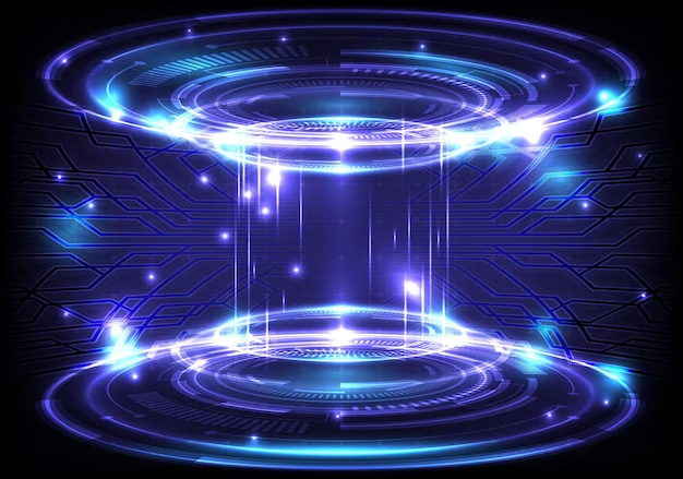 Portal and hologram science futuristic scifi digital hitech in glowing hud projector magic gate in game