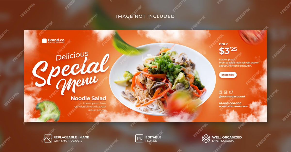Special hot noodle salad food menu promotion social media facebook cover banner psd template