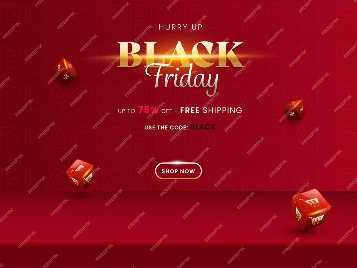Up to 75% off for black friday sale poster design with 3d red shopping dice.