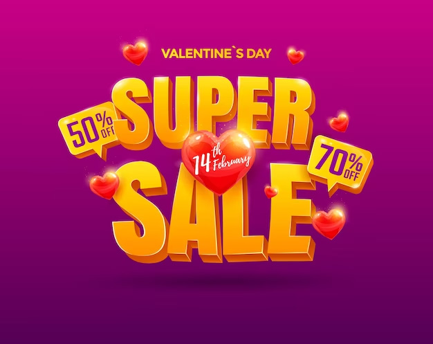 Valentines day super sale design. beautiful banner with heart and 3d text.