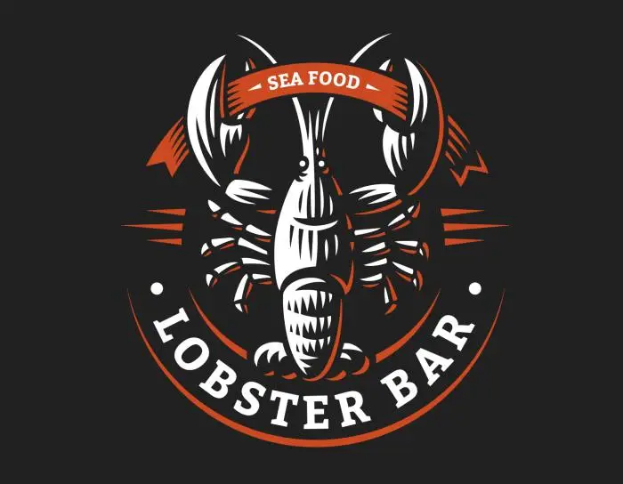 Lobster vector logo illustration. Crustacean in a vintage style on white and dark background.