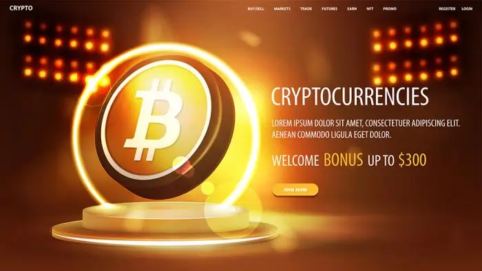 Banner for website with button podium with yellow neon ring on background and gold 3d