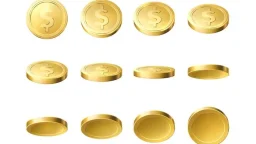 Realistic gold coins. Different angles golden coin, money cash payment, finance symbols, doll
