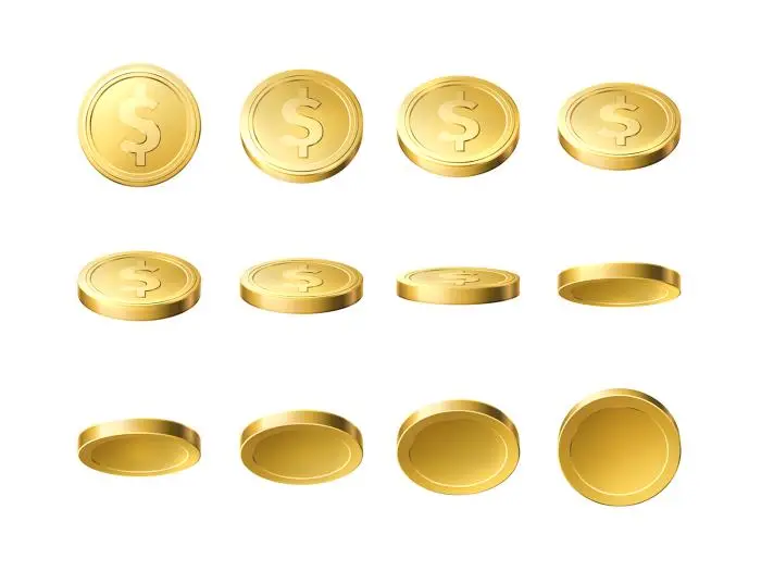 Realistic gold coins. Different angles golden coin, money cash payment, finance symbols, doll