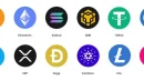 Vector logos of bitcoin ethereum solana bnb xrp dogecoin crypto coins on transparent background