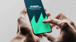 Realistic smartphone mockup held by hands with touch interaction