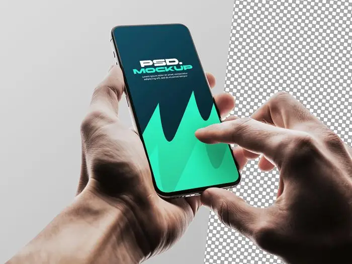 Realistic smartphone mockup held by hands with touch interaction