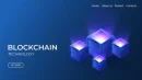 Blockchain technology isometric banner 3d neon illustration with digital cryptocurren