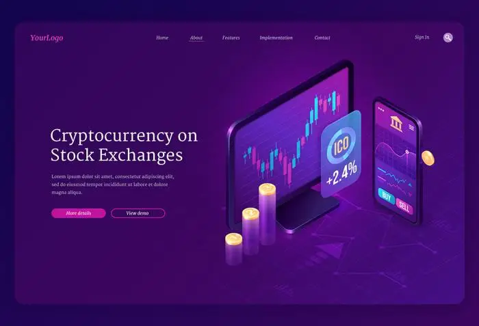 Cryptocurrency exchange market isometric landing page. Digital money mining, computer an