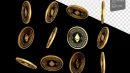 Falling golden and black cryptocurrency ethereum eth coins on black background 3d illustra