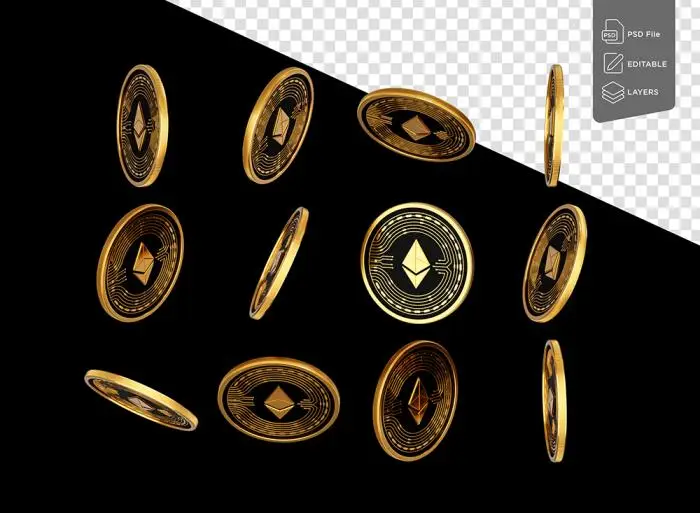 Falling golden and black cryptocurrency ethereum eth coins on black background 3d illustra