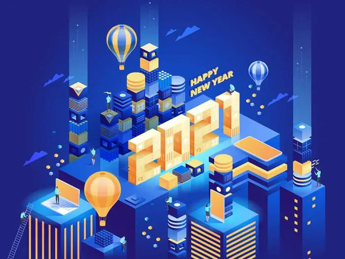 Futuristic abstract modern business city in isometric view. People work remotely or in office, achieve success in their careers. Character illustration template