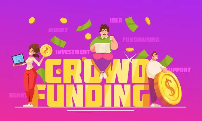 Crowdfunding flat concept with perspective startup and contributor characters