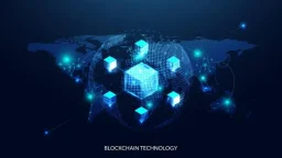 Abstract world blockchain technology cryptocurrency and fintech square cube crypto