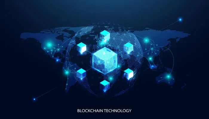 Abstract world blockchain technology cryptocurrency and fintech square cube crypto