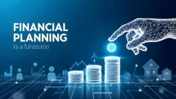 Financial planning a wireframe hand placing a coin on top of a stack of three wireframe coins