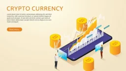 Businessman with woman buy and sell bitcoin via mobile phone with investment online