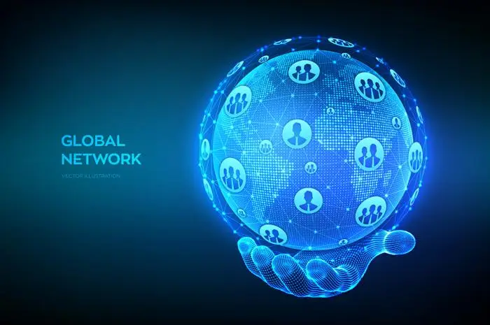 Global network connection concept. World map point and line composition. Earth globe wireframe hand