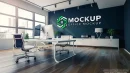 Sleek office interior mockup with corporate branding