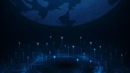 Perspective digital hud interface with world map technology adstract blue light background