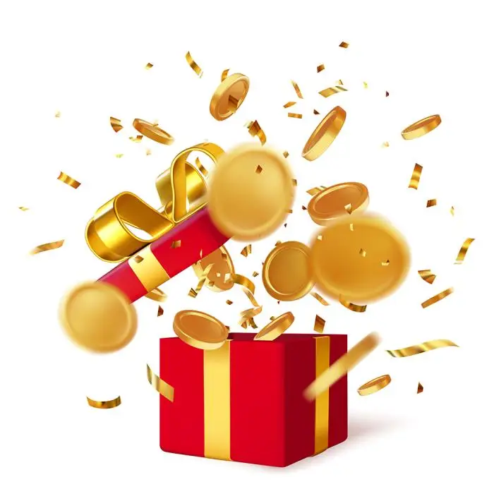 Red gift box with coins and confetti explosion on white background vector illustration
