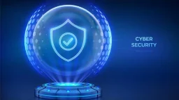 Cyber security network safety holographic platform with glowing rays forming a projection of a pr