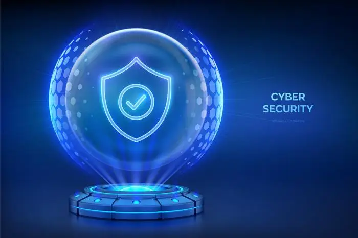 Cyber security network safety holographic platform with glowing rays forming a projection of a pr