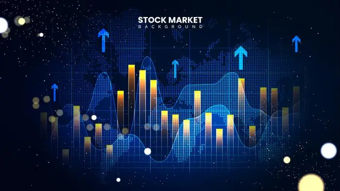 Futuristic financial trading chart with up arrows successful stock market statistical information