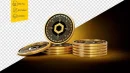 Stack of golden cryptocurrency chainlink coins on shiny golden glow background 3d i