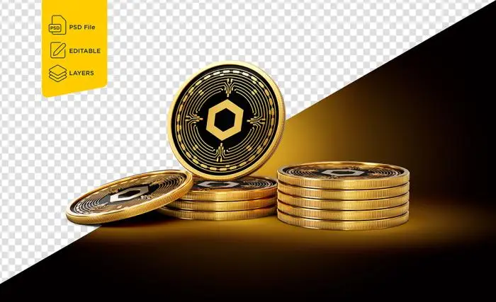 Stack of golden cryptocurrency chainlink coins on shiny golden glow background 3d i