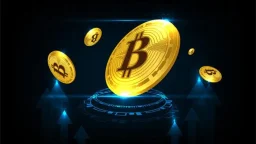 Bitcoin cryptocurrency with gold coins flying up represent of uptrend in futuristic concept