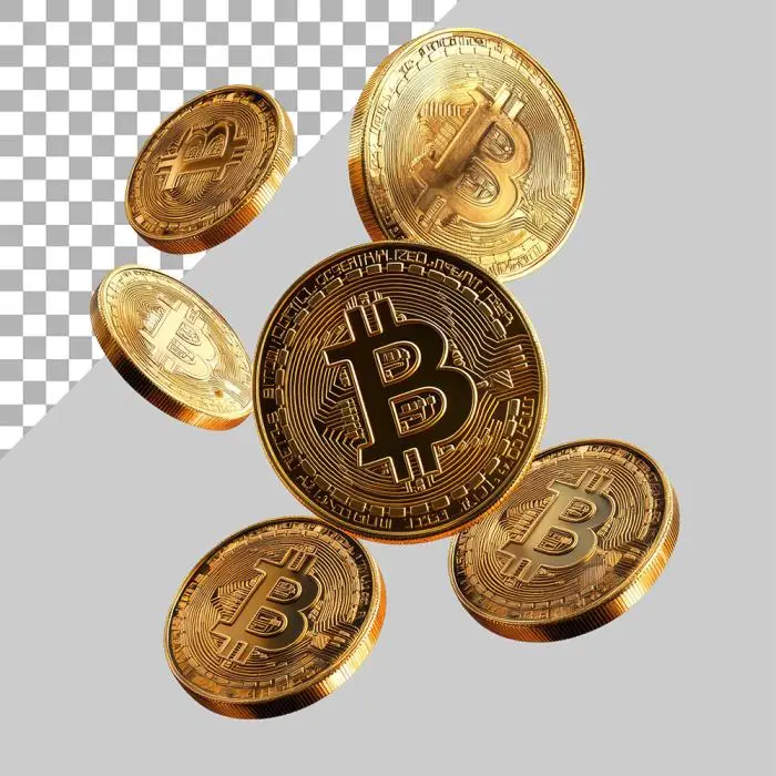 Golden bitcoin coins isolated on a transparent background