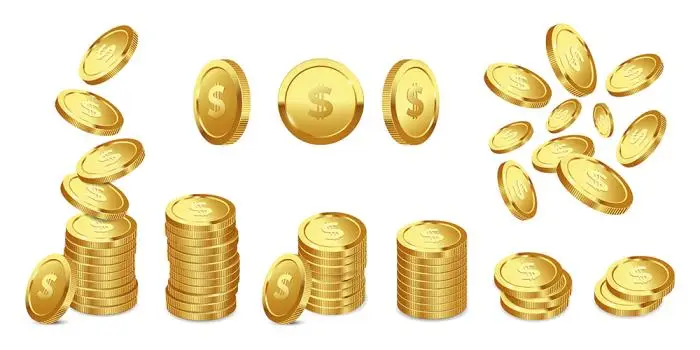Big set of realistic gold coins with dollar currency sign vector 3d illustration isolated