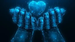 Hands holding heart symbol polygonal illustration on dark blue background. Love or charity concept