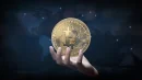 Man hand showing bitcoin virtual money. Bitcoin cryptocurrency concept. Digitall symbol of a
