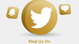 Follow us on twitter social media logos with 3d logo in modern golden frame and notification icons
