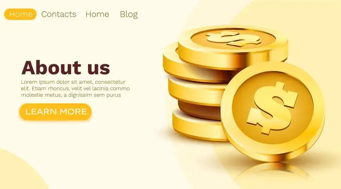 Stack of golden dollar coins isolated on white. Landing page template