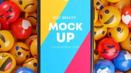 Smartphone between a bunch of emoji emoticons in 3d rendering mockup