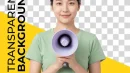 Young woman holding megaphone with bright yellow and digital background