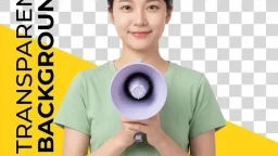 Young woman holding megaphone with bright yellow and digital background