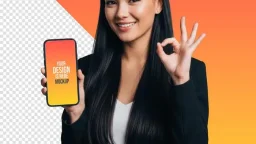 Smiling woman presenting smartphone mockup with ok gesture