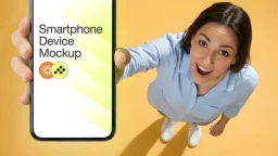 Happy woman holding smartphone mockup from top view