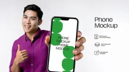 Phone holded by asian man mockup template 05