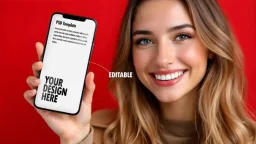 Psd mockup of smartphone held by smiling woman with blank customizable screen