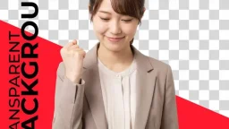 Woman celebrating success with fist pump on bold red and transparent background